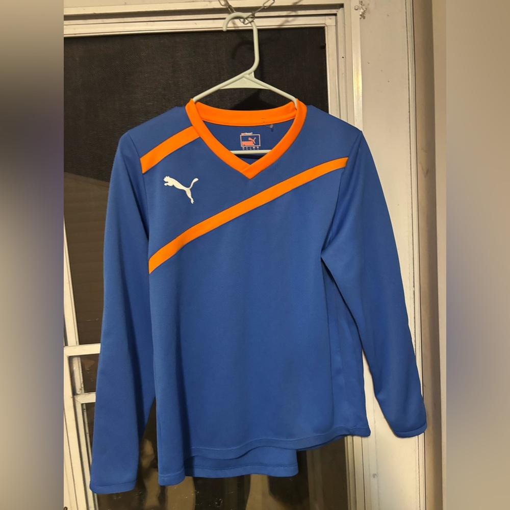 Size L womens Puma Vibrant Blue Jersey with Orange Trim top